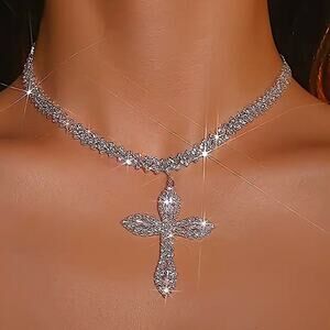 Silver Crystal Cross Choker Necklace Boho Tribal